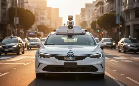 Ein autonomes Robotaxi fährt bei Sonnenuntergang durch eine städtische Umgebung mit Fokus auf die Sensortechnik auf dem Dach. - Foto: über boerse-global.de