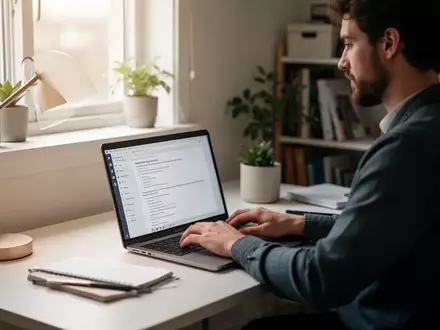 Eine Person arbeitet konzentriert an einem Laptop in einem modernen, hellen Heimbüro, um Geschäftsprozesse zu digitalisieren. - Foto: über boerse-global.de