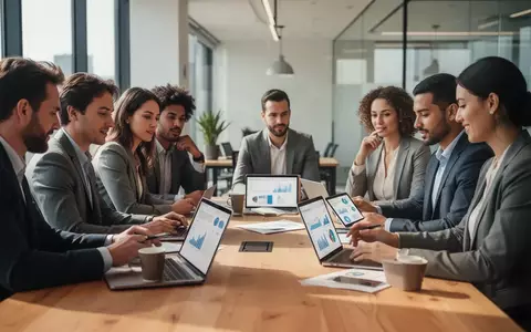 Ein Team von Fachleuten arbeitet in einem modernen Büro gemeinsam an Laptops und Tablets. - Foto: über boerse-global.de
