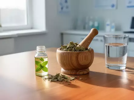 Pfefferminzöl und getrocknete Heilkräuter auf einem Holztisch in einer medizinischen Praxis. - Foto: über boerse-global.de