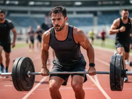 Athleten bei einem funktionalen Fitness-Wettkampf auf einer Stadionlaufbahn während einer Übung mit Gewichten. - Foto: über boerse-global.de