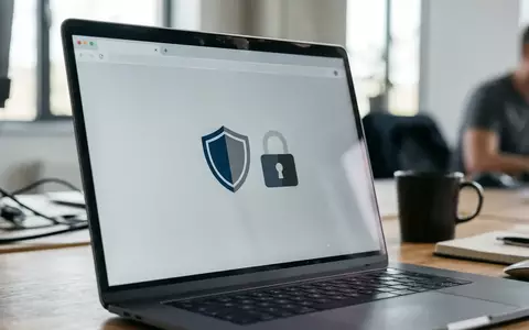 Nahaufnahme eines Laptops mit abstrakten Symbolen für Browsersicherheit und Schutzschilde bei gedimmtem Licht. - Foto: über boerse-global.de