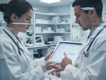 Ein medizinischer Forscher wertet in einem hellen, modernen Labor klinische Studiendaten an einem Tablet aus. - Foto: über boerse-global.de