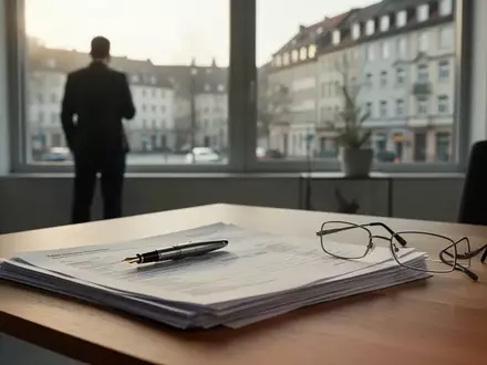 Ein Schreibtisch mit Steuerunterlagen und einer Brille in einem hellen, modernen Büro vor einem unscharfen Stadtbild. - Foto: über boerse-global.de