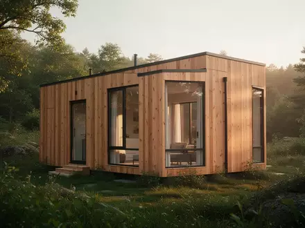 Ein modernes Tiny House aus Holz in einer grünen Naturlandschaft während des goldenen Lichts der Abendsonne. - Foto: über boerse-global.de