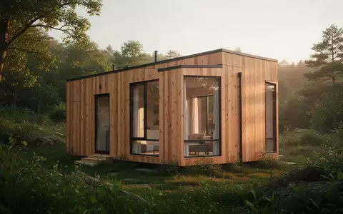 Ein modernes Tiny House aus Holz in einer grünen Naturlandschaft während des goldenen Lichts der Abendsonne. - Foto: über boerse-global.de