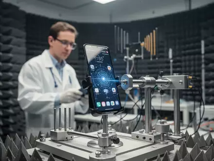 Ein Techniker führt in einem modernen Labor einen präzisen Funk-Signaltest an einem Smartphone durch. - Foto: über boerse-global.de