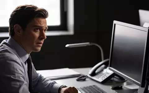 Ein besorgter Investor sitzt vor einem dunklen Computerbildschirm in einem modernen Büro. - Foto: über boerse-global.de