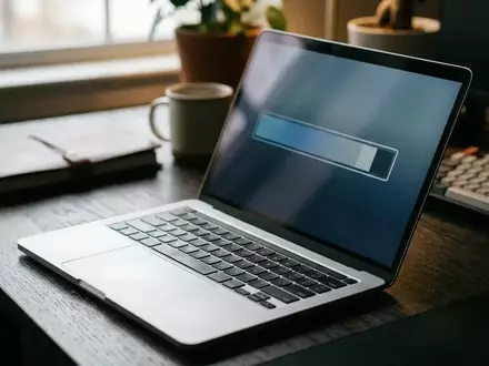 Ein moderner Laptop-Bildschirm zeigt einen eingefrorenen Fortschrittsbalken in einer Büroumgebung. - Foto: über boerse-global.de