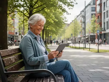 Eine ältere Person sitzt auf einer Parkbank in einem modernen Stadtviertel und nutzt ein Tablet zur digitalen Teilhabe. - Foto: über boerse-global.de