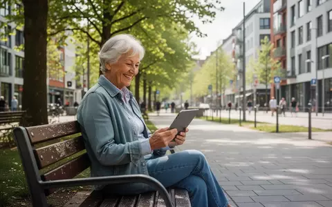 Eine ältere Person sitzt auf einer Parkbank in einem modernen Stadtviertel und nutzt ein Tablet zur digitalen Teilhabe. - Foto: über boerse-global.de