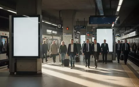 Pendler in einer modernen Münchner U-Bahn-Station vor großen, leeren digitalen Informationsbildschirmen. - Foto: über boerse-global.de