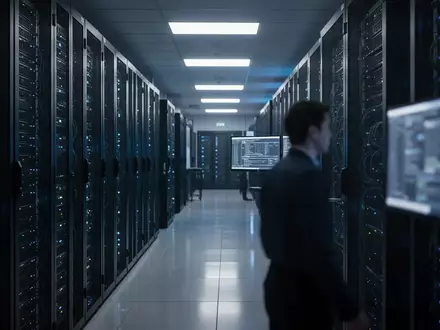 Ein moderner Serverraum mit dunklen Serverschränken und bläulicher Beleuchtung in einer professionellen IT-Umgebung. - Foto: über boerse-global.de