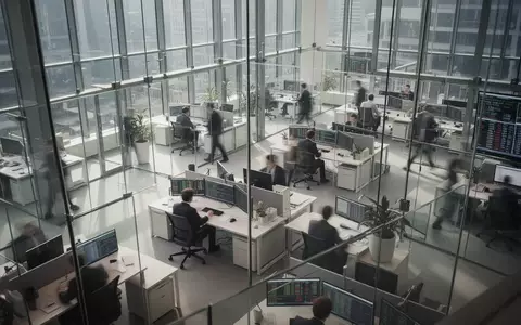 Ein modernes Finanzbüro mit verschwommenen Mitarbeitern an ihren Schreibtischen bei natürlichem Tageslicht. - Foto: über boerse-global.de