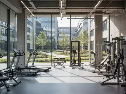 Modernes Fitnessstudio in einem hellen, architektonisch anspruchsvollen Gewerbekomplex mit Blick auf einen Industriepark. - Foto: über boerse-global.de