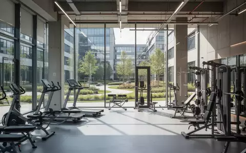 Modernes Fitnessstudio in einem hellen, architektonisch anspruchsvollen Gewerbekomplex mit Blick auf einen Industriepark. - Foto: über boerse-global.de