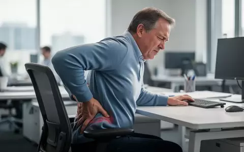 Eine Person mittleren Alters sitzt an einem Schreibtisch und hält sich schmerzhaft den unteren Rücken. - Foto: über boerse-global.de