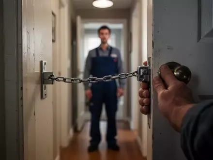 Eine Hand hält eine Wohnungstür mit einer Türkette gegen eine unkenntliche Person im Flur geschlossen. - Foto: über boerse-global.de