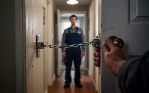 Eine Hand hält eine Wohnungstür mit einer Türkette gegen eine unkenntliche Person im Flur geschlossen. - Foto: über boerse-global.de