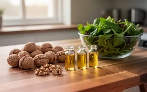 Nahaufnahme von gesunden Lebensmitteln wie Walnüssen und Omega-3-Öl auf einem Holztisch bei natürlichem Licht. - Foto: über boerse-global.de
