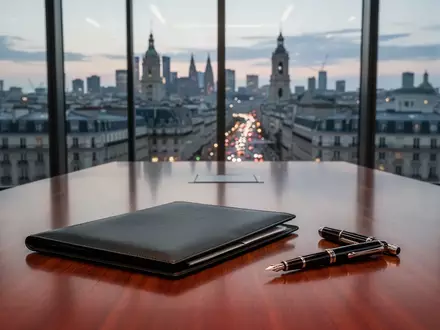 Ein leerer Konferenztisch in einem modernen Bürogebäude mit Blick auf eine europäische Skyline bei Dämmerung. - Foto: über boerse-global.de