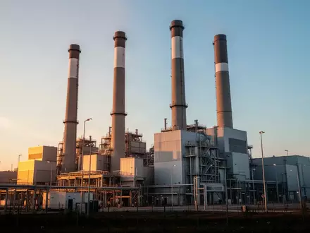Moderne Müllverbrennungsanlage mit hohen Schornsteinen vor einem klaren Himmel bei Sonnenuntergang. - Foto: über boerse-global.de