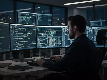 Ein IT-Sicherheitsexperte arbeitet in einem abgedunkelten Büro an mehreren Bildschirmen zur Überwachung von Netzwerksicherheit. - Foto: über boerse-global.de