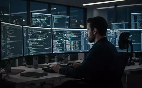Ein IT-Sicherheitsexperte arbeitet in einem abgedunkelten Büro an mehreren Bildschirmen zur Überwachung von Netzwerksicherheit. - Foto: über boerse-global.de