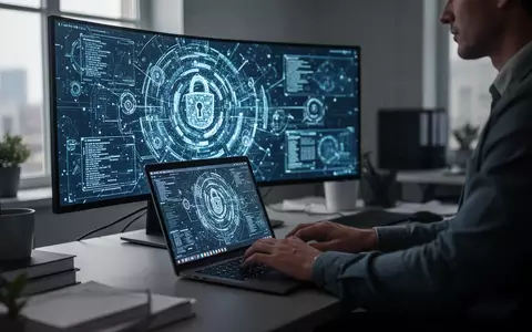 Ein moderner Büroarbeitsplatz mit einem Computerbildschirm, der digitale Sicherheitsdaten anzeigt, während eine Person am Laptop arbeitet. - Foto: über boerse-global.de