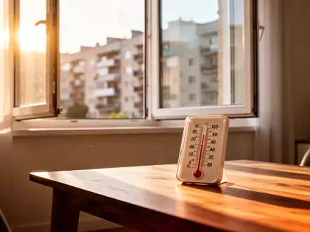 Ein sonnendurchflutetes Wohnzimmer während einer Hitzewelle mit Blick auf urbane Mietshäuser durch ein geöffnetes Fenster. - Foto: über boerse-global.de