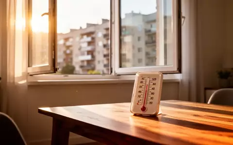 Ein sonnendurchflutetes Wohnzimmer während einer Hitzewelle mit Blick auf urbane Mietshäuser durch ein geöffnetes Fenster. - Foto: über boerse-global.de
