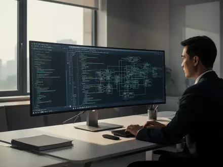 Ein Mitarbeiter arbeitet in einem modernen Büro an einem Computerbildschirm mit komplexem Programmiercode. - Foto: über boerse-global.de