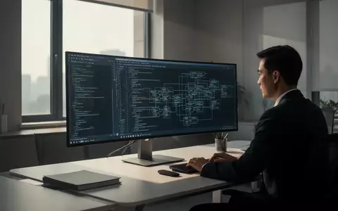 Ein Mitarbeiter arbeitet in einem modernen Büro an einem Computerbildschirm mit komplexem Programmiercode. - Foto: über boerse-global.de