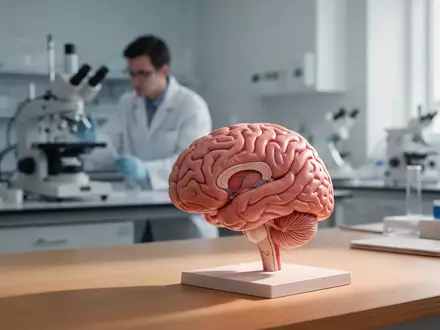 Ein anatomisches Modell des menschlichen Gehirns in einem modernen Labor, das die Erforschung neuronaler Schmerzmechanismen symbolisiert. - Foto: über boerse-global.de