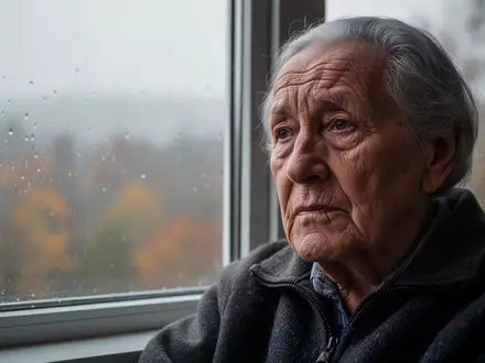 Eine ältere Person schaut an einem bewölkten Tag nachdenklich aus dem Fenster und wirkt erschöpft. - Foto: über boerse-global.de
