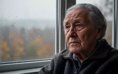 Eine ältere Person schaut an einem bewölkten Tag nachdenklich aus dem Fenster und wirkt erschöpft. - Foto: über boerse-global.de