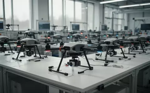 Moderne Drohnenfertigung in einer hellen Industriehalle mit Montagelinien für Industriedrohnen. - Foto: über boerse-global.de