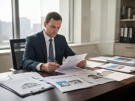 Steuerberater bei der Prüfung von Unterlagen zu Immobilien und Vermögensübertragungen in einem modernen Büro. - Foto: über boerse-global.de