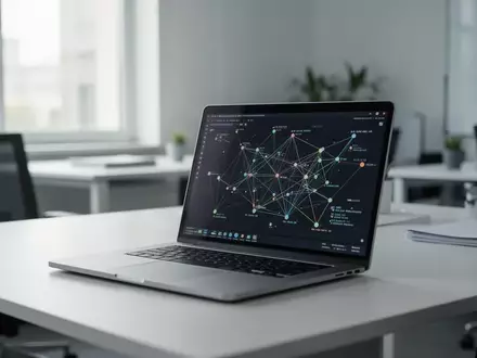 Ein moderner, aufgeräumter Büroarbeitsplatz mit einem Laptop, auf dem eine komplexe Datenvisualisierung zu sehen ist. - Foto: über boerse-global.de