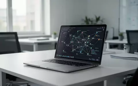 Ein moderner, aufgeräumter Büroarbeitsplatz mit einem Laptop, auf dem eine komplexe Datenvisualisierung zu sehen ist. - Foto: über boerse-global.de
