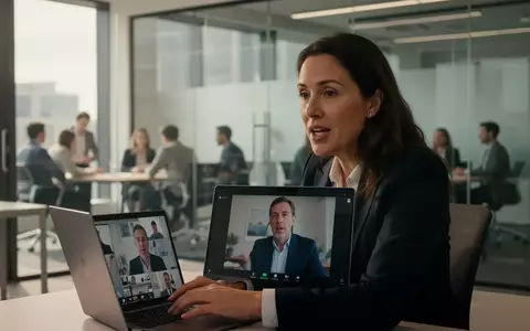 Eine Person bei einer Videokonferenz an einem Laptop in einem modernen, sonnendurchfluteten Büro. - Foto: über boerse-global.de