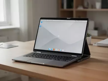 Ein offener, modularer Laptop auf einem Schreibtisch in einem modernen Büro bei Tageslicht. - Foto: über boerse-global.de