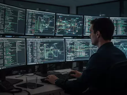 Ein Cybersicherheitsexperte arbeitet in einem abgedunkelten Security Operations Center an mehreren Monitoren. - Foto: über boerse-global.de