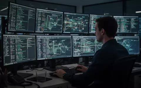 Ein Cybersicherheitsexperte arbeitet in einem abgedunkelten Security Operations Center an mehreren Monitoren. - Foto: über boerse-global.de