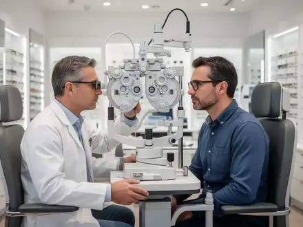Ein Augenoptiker führt in einem Fachgeschäft einen Sehtest bei einem Berufskraftfahrer durch. - Foto: über boerse-global.de