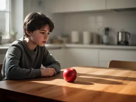 Eine nachdenkliche Person sitzt an einem minimalistischen Küchentisch und betrachtet einen Apfel in einem ruhigen Raum. - Foto: über boerse-global.de
