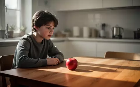 Eine nachdenkliche Person sitzt an einem minimalistischen Küchentisch und betrachtet einen Apfel in einem ruhigen Raum. - Foto: über boerse-global.de