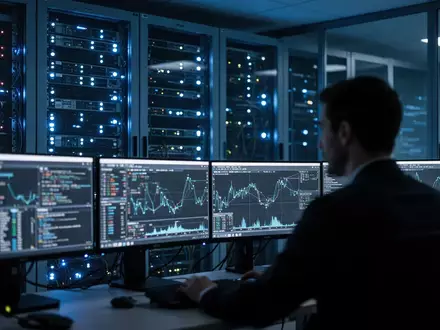 Ein technischer Serverraum mit leuchtenden LED-Statusanzeigen und einem unscharfen IT-Sicherheitsexperten im Vordergrund. - Foto: über boerse-global.de