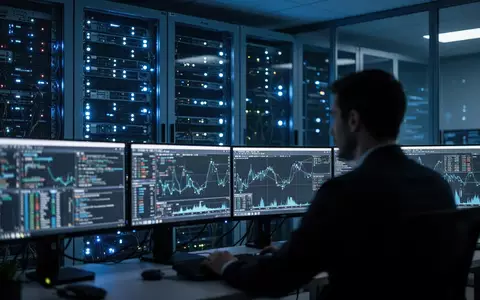 Ein technischer Serverraum mit leuchtenden LED-Statusanzeigen und einem unscharfen IT-Sicherheitsexperten im Vordergrund. - Foto: über boerse-global.de