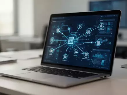 Ein moderner Arbeitsplatz mit einem Laptop, auf dem abstrakte Datenströme und Serverstrukturen in einer professionellen Büroumgebung zu sehen sind. - Foto: über boerse-global.de